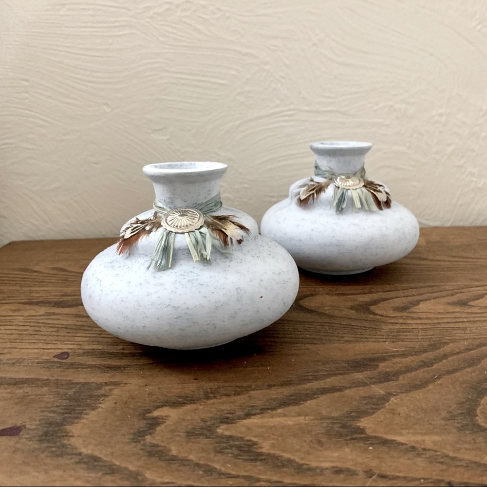 Native American blue pottery bud vases with feather and metal accent